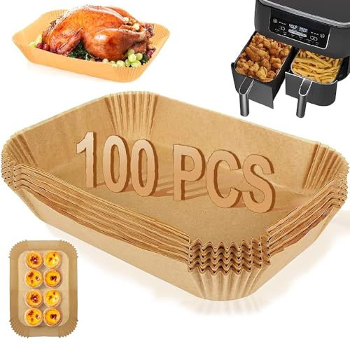 BURRSJ 100pcs Air Fryer Liners for Ninja Dual AF300UK/AF400UK - Disposable Parchment Paper Sheets Compatible with Salter, Tower, Breville Dual Zone Fryers | Non-Stick, Greaseproof