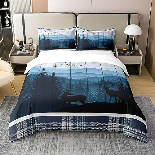Elch Hirsch 100% Baumwolle Bettbezug 220x240 für Kinder,Elch Jagd Thema Tröster Bezug,Büffel Plaid Bettwäsche Set,Wald Wilde Tiere Weiche Atmungsaktive Quilt Cover Bauernhaus Schlafzimmer Dekor,Blau