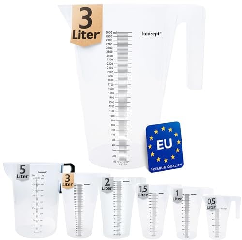KONZEPT Vasos medidores 3 Litros, Varios tamaños disponibles, Perfecto para cocina, jardín, taller, Transparente, Plástico resistente, Capacidad de apilamiento en litros