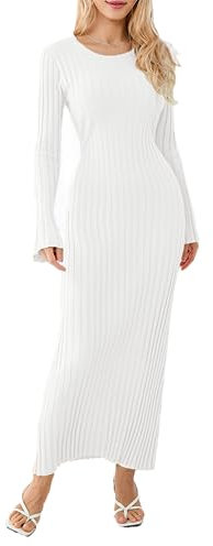 Geagodelia Women's White Ribbed Knit Maxi Dress, Long Sleeve, Crew Neck, Bodycon, Size M