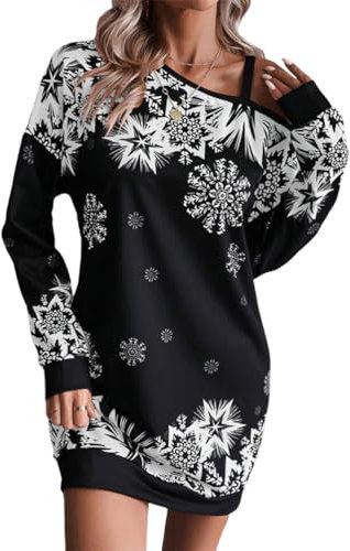 Tomwell Weihnachtskleid Damen Weihnachten Rot Weinglas Druck Minikleid Partykleid Lose Rundhals Langarm Kleider Herbst Winter Christmas Festkleid A Schwarz L