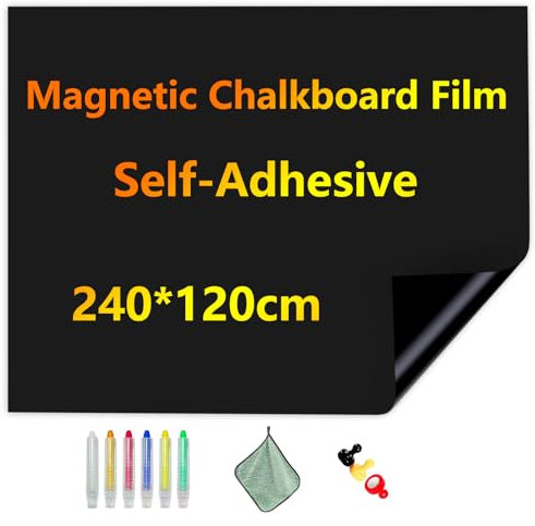 JOMUSAGA Tafelfolie Magnetisch Selbstklebend, 240 x 120 cm Magnetfolie, Abwischbar Kreidefolie, Magnettafel Folie Kind Wand für Haus Büro Schule, mit Wasserbasierende Kreidemarkern& Magnete & Tuche