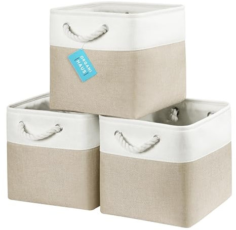 OrganiHaus 28x28 Fabric Bins Set of 3, Foldable Cube Baskets for Kallax, Beige/White