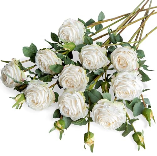 XONOR Artificial Rose Flowers Realistic Silk Burnt Edge Vintage Rose with Long Stem for Home Bridal Wedding Party Floral Bouquets Decoration (10Pcs, White)