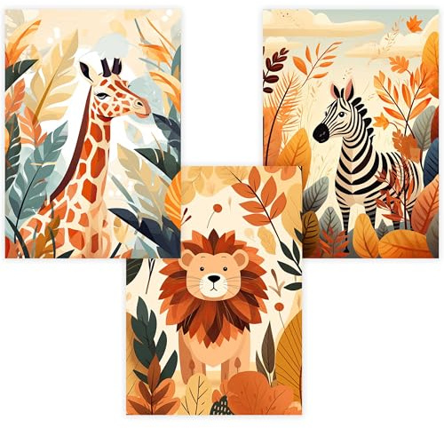 Kinderzimmer Poster Set Premium P798 / Safaritiere Dschungel orange Wandbild Babyzimmer (A3 - Rahmen/Frame Eiche/Oak)