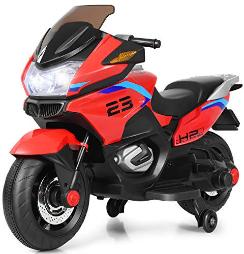 COSTWAY Kids Ride on Motorcycle, 12V Electric Ride On Bike with Training Wheels, LED Lights, Music, Forward/Backward Function, Battery Powered Motorbike for Boys Girls (Red)