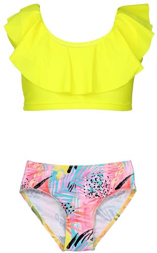 Aquarti Mädchen Bikini Set Bustier Bikinislip Zweiteiliger Badeanzug, Farbe: 037 Rüsche Bikinis Rose Gelb Blätter, Größe: 140