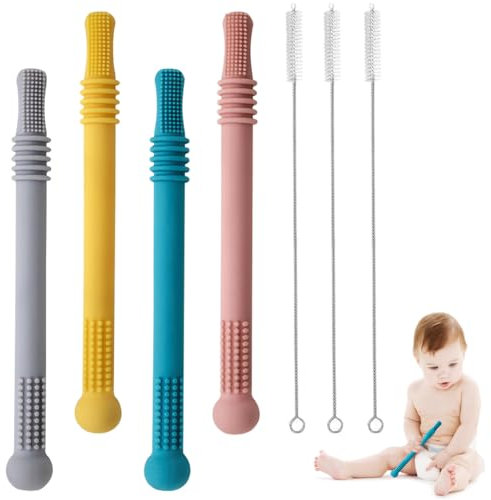 DANNEEFORSU7 Baby Beißröhrchen - 4 Stück Beißring Baby, Silikon Hohle Beißstrohhalme Kleinkinder Weiches Zahn Spielzeug Sicher Kauen Molaren mit 2er Reinigungsbürsten für Kleinkinder Mädchen Jungen