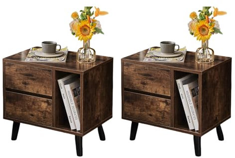 CLIPOP Nachttisch 2er Set,Vintage Braun Nachtschrank mit 2 Schublade und Offenes Fach Nachtkästchen Beistelltisch Nachtkommode für Schlafzimmer Wohnzimmer Büro,34 x 50 x 46,5 cm