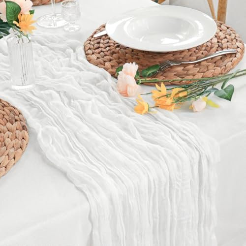 Sevenpers Tischläufer Hochzeit Weiß,90cm*300cm Rustikal Elegante Tischläufer,Abwaschbar Musselin,Tischläufer aus Tüllstoff für Tischdekoration,Zuhause und im Freien