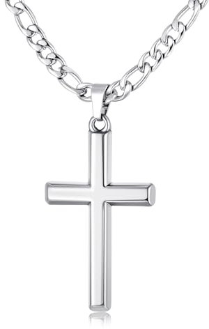 FANCH Collier Croix pour Hommes Femmes 5mm Solide Taillé en Diamant en Acier Inoxydable Figaro Lien Bordure Chaîne en Croix avec Bord Biseauté Collier Croix Pendentif Crucifix 46CM