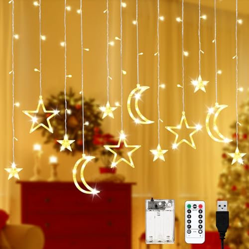 Luces navideñas, cortina de cadena de luces, 3,5 m, LED, estrellas, luna, cadena de luces, decoración navideña, iluminación navideña con temporizador mando a distancia, cortina de luces interior y