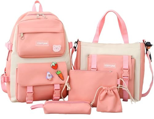Cnwinu Sacs d'école pour filles et enfants 4 pièces, sac à dos en toile tendance pour femmes, beau sac à dos décontracté, cadeau pour filles, avec décoration d'ours mignon et badges (violet), rose, L