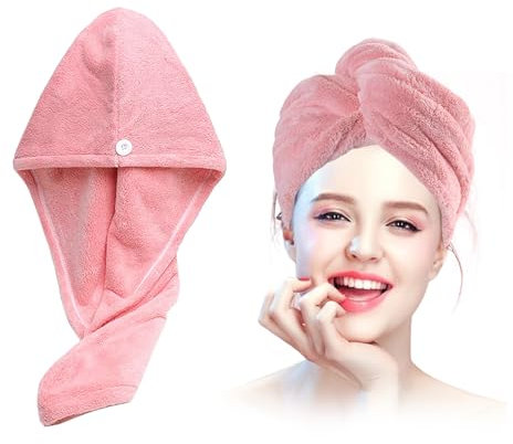 Xkzhrr Haarturban,2 Stück Knopf Haarturban, Turban Haartrockentuch Haarturban mit Knopf, Kopftuch Handtuch für Lange Haar, Super saugfähig,Schnell trocknendes Mikrofaser-Handtuch(Rosa)