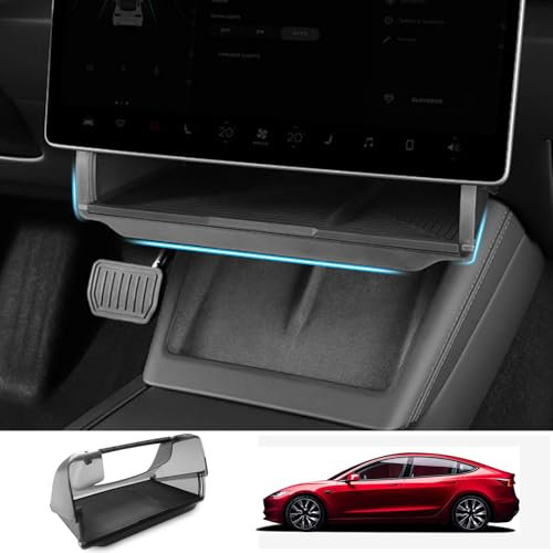 Treesiche Hidden Under Screen Storage for Tesla Model 3 Highland,Center Console Organizer Tray with Anti-Slip Silicone Pad for Tesla Model 3 Accessories 2024