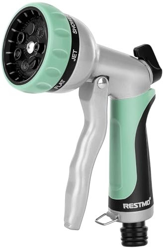 RESTMO Gartenbrause, Metall Hochdruck Garten Handbrause, 7 Funktionen Spritzdüse, Einstellbarer Wasserdurchfluss Garten Spritzpistolen Bewässerungspistole für Garten Bewässerung, Autowaschen, Blaugrün