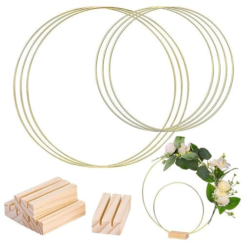 6 Stück Metallringe Zum Basteln - Metallring mit Fuß, Dekoring mit Fuß, 10cm 20cm Metallring mit Holzständer, Metall Deko Ringe mit Ständer für DIY Blumen Basteln Handwerk, Hochzeitstischdekoration