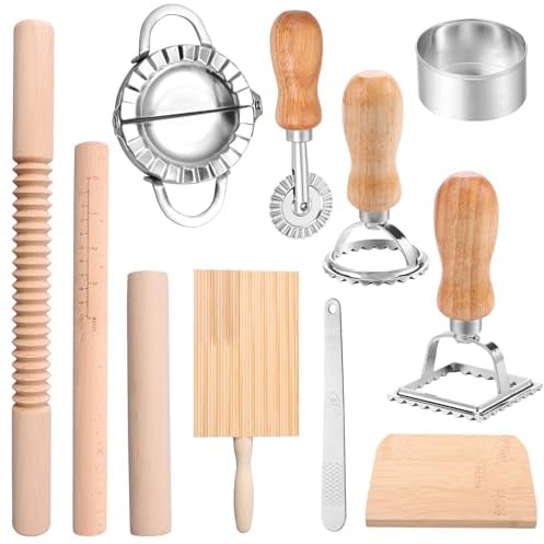 BAODBF 11 Stück Nudelschneider Dumpling Maker Gyoza Ravioli Roller Teig rad | Manuelles Set zum Teigtaschen Ausstechen aus Holz Edelstahl fuer Spaghetti Knödel Pasta Teigroller Formen Fülllöffel