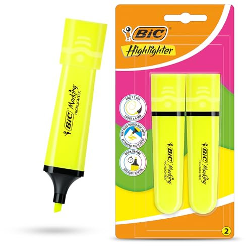 BIC Marking Textmarker Flach Textmarker Marker 2 Stück Kunststoff Textmarker mit fluoreszierender Neongelber Tinte Textmarker Stifte für glatte Noten Präzise Highlights Ideal für Schule und Büro