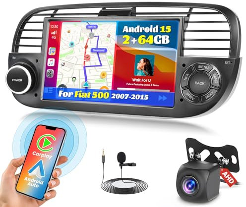 [2+64G] Android Autoradio für FIAT 500 2007-2015 mit Drahtlosem Carplay Android Auto, 7 Zoll Bildschirm Autoradio Bluetooth/WiFi/GPS/Rückfahrkamera/FM/RDS/SWC
