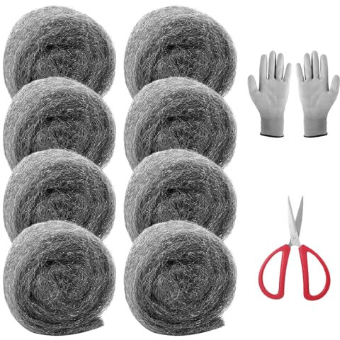 Stahlwolle Gegen Mäuse, Stahlwolle 00 Mäuse Vertreiben, Dämmwolle Bauschaum Gegen Mäuse, 5 Meter pro Rolle, Handschuhe und Schere Inklusive, für Löcher Risse in den Wänden des Hauses (8 Rolle)