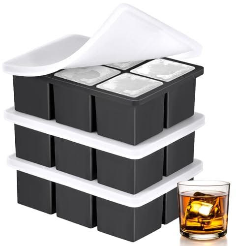 3 Pack Large Ice Cube Trays for Freezer, Easy Release Square Silicone Ice Cube Maker with Removable Lid, Stackable Reusable for Wishkey, Coktail, Coffee, BPA-Free