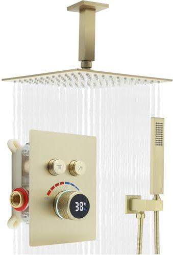 Delnet 10inch 4-Hole-Nozzle High-Pressure Rain Shower Set with 6inch(15cm) Shower Bar, Digital Temperature Display Shower Valve, Can Use 2 Functions at A Time, Brushed Gold