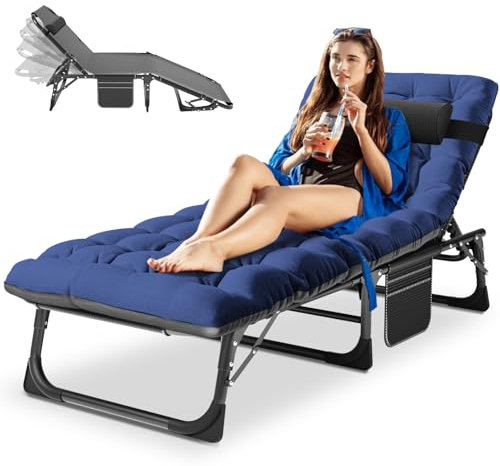 Meulbaty Klappbar Sonnen Liege für Balkon/Garten, mit Auflage, Seitentasche und Kopfstütze, Einfache Verwenden und Transport (Blue)