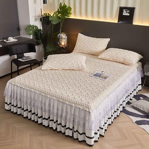 HLTQL Jupe De Lit 180x200 en Velours Chaud Cache Sommier Couvre-Lit en Dentelle Housse De Matelas De Protection(#7,180x200cm)
