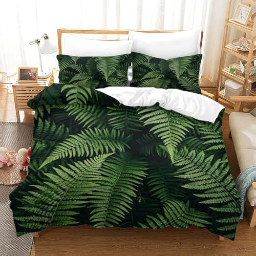 WXLWHR Ferns Duvet Cover Set Soft Microfiber 3 Piece 3D Printed Bedding Sets Lush Ferns Comforter Cover with Pillowcase for Kids Teens Adults Single（140x200cm）