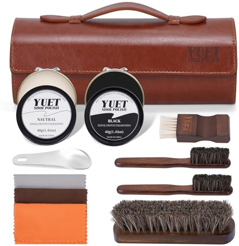 YUET Kit de Cuidado de Zapatos,Kit de Limpieza de Zapatos con Estuche de Cuero Marrón Rojizo, 11 Piezas, Cepillo, Paño y Crema para Calzado Dentro, Calzador