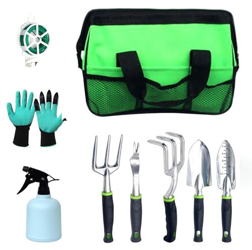 Candeon Juego de herramientas de jardín de 11 piezas, herramientas manuales de acero inoxidable para cavar y trasplantar, incluyendo guantes de jardín, regadera, tijeras de podar, pala de jardín