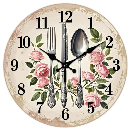 CONCHLERY Cutlery Wall Clock Flowers Decorative Wall Clock Retro Style Non-Ticking Clock for Home Office Decoration, 12×12 inch