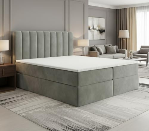 Generisch Boxspringbett mit Topper, Kontinentalbett aus samstoff, komfortable und stilvoll. (140x200, 160x200, 180x200). (Hellgrau, 140x200)