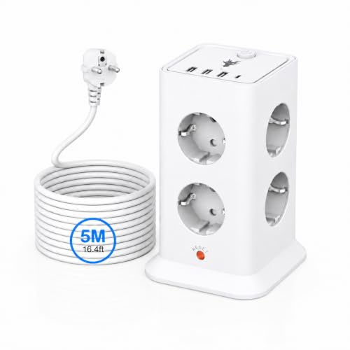 Multiprise avec Interrupteur, Tour 8 Prises USB 3.4A, câble 5m Blanc 3680W | Design vertical gain de place, parafoudre anti-surtension, adapté maison et bureau