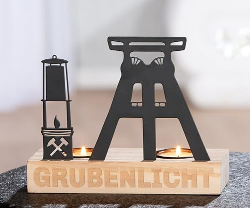 Gilde - 62677 - Teelichthalter, Förderturm, Grubenlicht, Eisen, schwarz, 18cm x 14,5cm x 6,5cm
