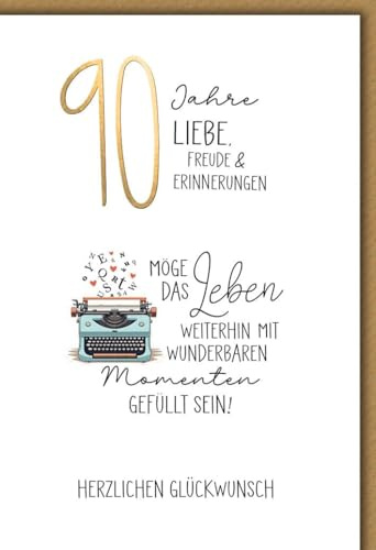 Geburtstagskarte zum 90. für Senioren - 90 Jahre - Retro Schreibmaschine mit goldener 90 - Klappkarte mit Umschlag