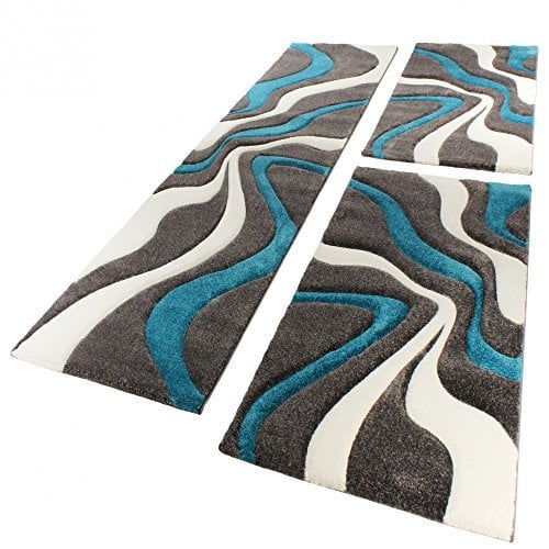 Paco Home Bettumrandung Läufer Teppich Muster Modern Türkis Grau Weiss Läuferset 3 TLG., Grösse:2mal 60x110 1mal 80x300