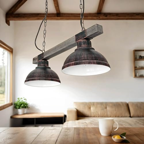 Licht-Erlebnisse Pendelleuchte Holz Metall in Kupfer Antik Küche Wohnzimmer 60 cm lang E27 Rustikal 2-flammig Vintage Esszimmer Hängelampe HAKON
