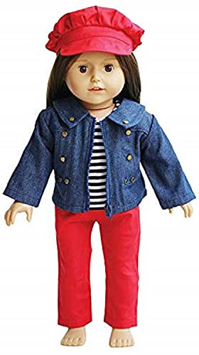 The New York Doll Collection 18 Zoll/46 cm Puppen Outfit - Denim Jacke mit gestreiftem T-Shirt Rote Hose, inklusive Hut - Passend für 18 Zoll/46 cm Puppen