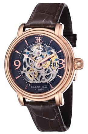 Thomas Earnshaw Mens 48mm Longcase Grande Skeleton Automatic Brandy Rose Gold Watch with Open Heart Dial and Genuine Leather Strap ES-8011-07