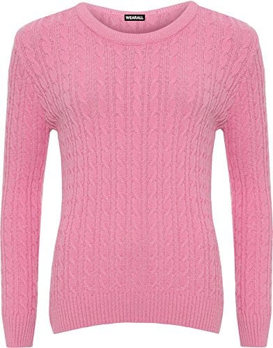 WearAll Women's Cable Knit Long Sleeve Top Ladies Jumper Sweater - Dusky Pink - 18-20