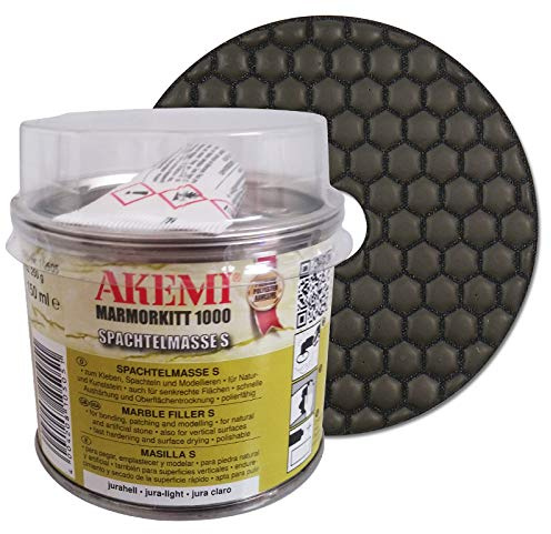 EDW Steinbearbeitungsset: AKEMI Marmorkitt 150 ml + Diamant-Schleifpad 100 mm, 2-teilig, für Trockenschliff von Marmor, Granit und Naturstein