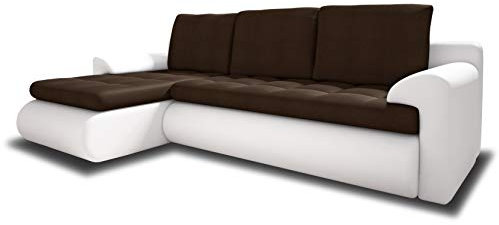 Ecksofa Santi II mit schmutzabweisender Stoff - Couchgarnitur mit Schlaffunktion und Bettkasten, Couch, Polsterecke, Schlafsofa (Weiß + Braun (Madryt 120 + Trinity 08), Ecksofa Links)