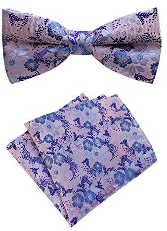 Mens Cravat Pre-Tied Bow Tie Set Luxury Floral Pattern Wedding Bowties with Pocket Square Set