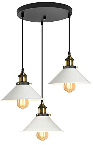 iDEGU Industrielle Pendelleuchte 3-flammige Hängelampe Stil Vintage in Eisen Pendellampe E27 Fassung 22cm Weiß Lampenschirm Hängeleuchte für Esszimmer Wohnzimmer Küche Restaurant (3-flammig, Rondell)