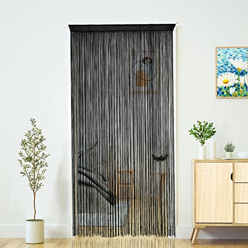YaoYue Door Curtain String Curtain for Doorways Bedroom Decor Kitchen Fringe Hallway Tassel Room Divider Boho Hippie for Wedding and Party,Black 39x79 inch,(100x200cm,Dense)