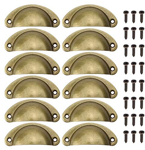Juibao 12 x Vintage Shell Cup Pull Handles, Retro Metal Half Moon Closet Knob for Kitchen Cupboard Cabinet Furniture Door Drawer Knobs, Gold Vintage Bronze