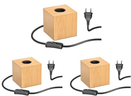 ledscom.de 3 Stück Tischlampe HITO, Schalter, Echtholz (Gummibaum), quadratisch, hellbraun, 1x E27 max. 60W