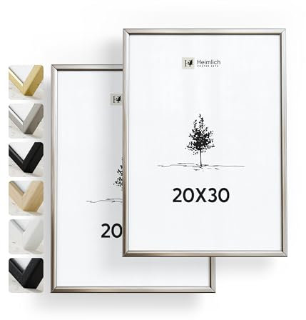 Heimlich® - Bilderrahmen Rahmen – 20x30 cm, Aluminium, Silber, 2er-Pack – Kleiner Rahmen für Dokumente und Urkunden mit Folienabdeckung – Zur Wandmontage oder als Tischaufsteller